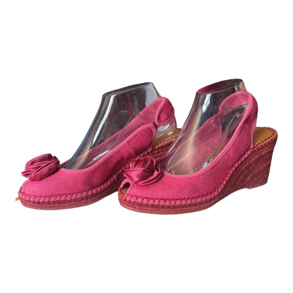 Libby Edelman Curtsy Pink Denim Rosette Wedge peep toe Espadrille size 8.5 - Picture 14 of 16